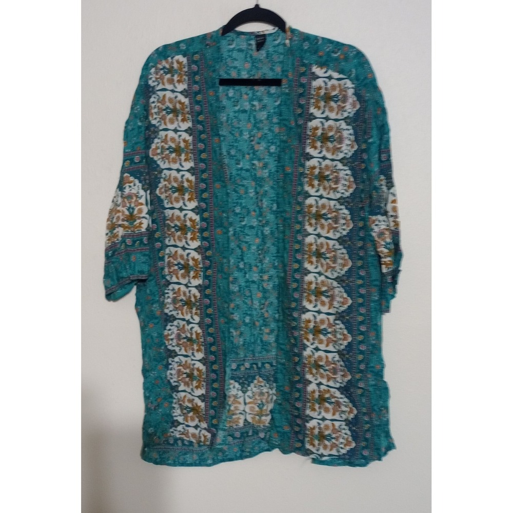 Emery Rose Teal Green Floral Kimono Cardigan Open Front Viscose Plus Size 2XL
